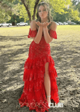 Mildred | A Line Tiered Sequin Red Long Prom Dress Stores Near Me - Price #price_variant_lowest# - Red - PromDressClub